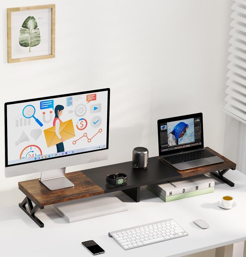 ErgoFocus Dual Monitor Stand Riser, Large Wood Monitor Riser for 2 Monitors, Monitor Lift with Storage for Desk, Sturdy Wood&Steel Multi Screen Stand, Desktop Organizer Monitor Stand for Computer - Image 5